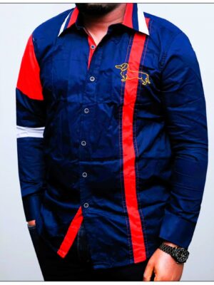 Men's navy blue cotton button-up shirt with small red dog print pattern