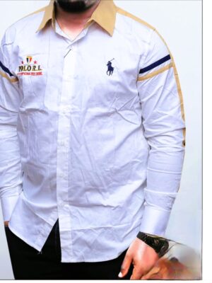 Men's white cotton button-down shirt featuring a khaki contrast collar and embroidered chest crest.